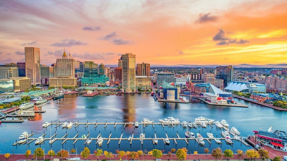 Baltimore harbor during sunset