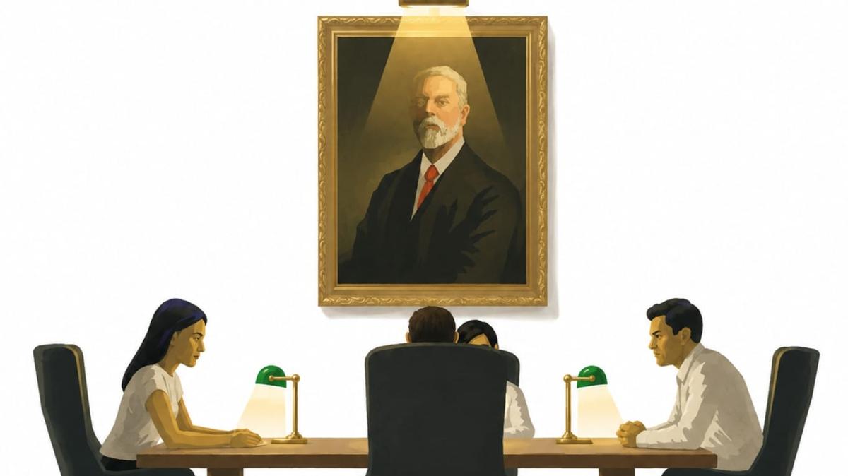 Heirs seated beneath an ancestral portrait in a panelled boardroom, the family fortune watching over the next generation that must preserve it.