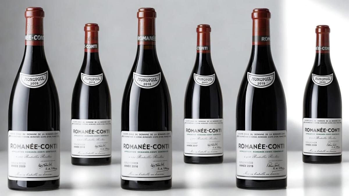 Six vintages of Domaine de la Romanee-Conti grand cru lined up, each with the Monopole capsule and a year from 2009 to 2020.