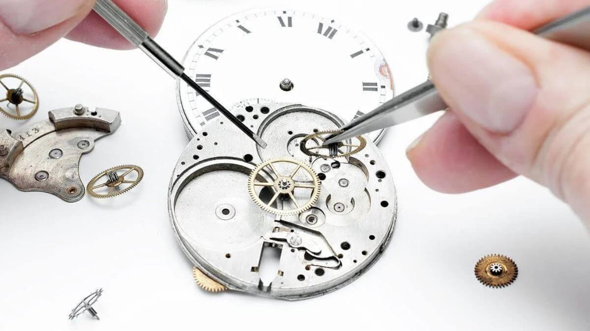 A watchmaker servicing a disassembled mechanical watch movement with tweezers and a fine screwdriver.