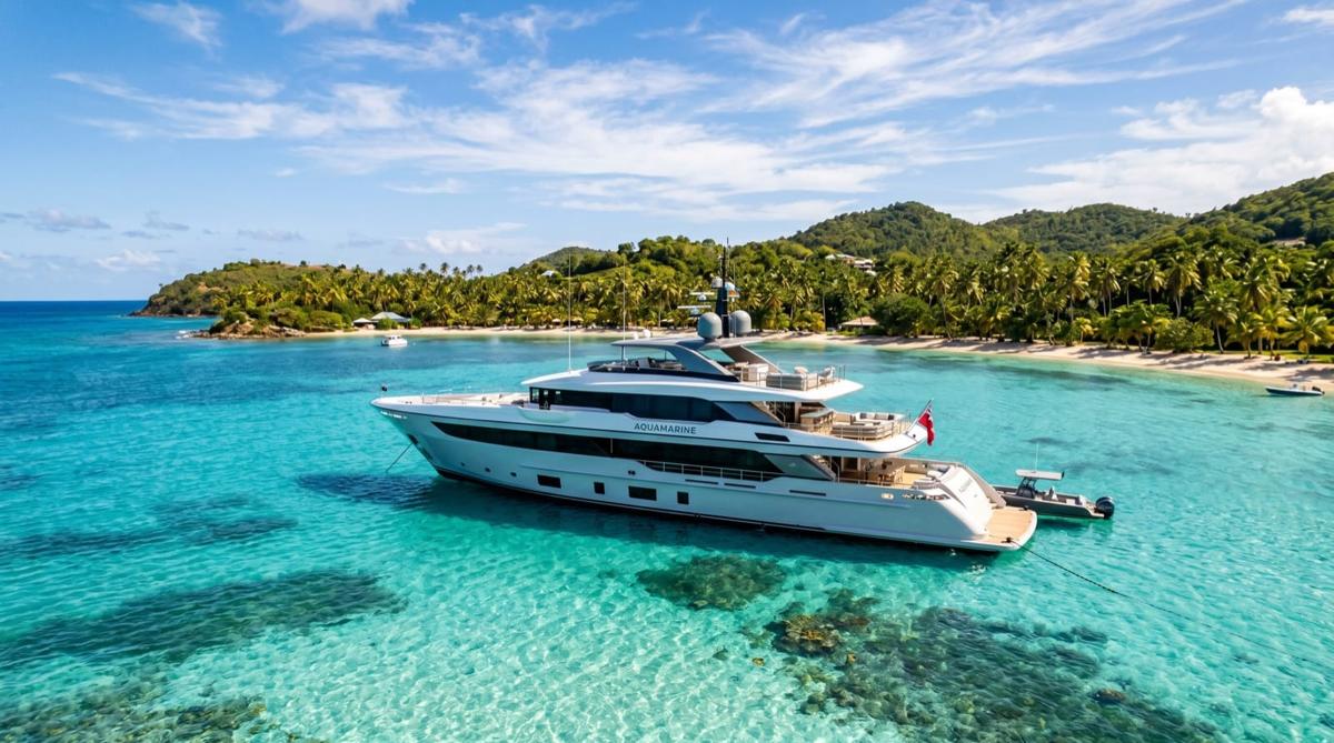 A white superyacht at anchor in clear turquoise water beside a tropical island