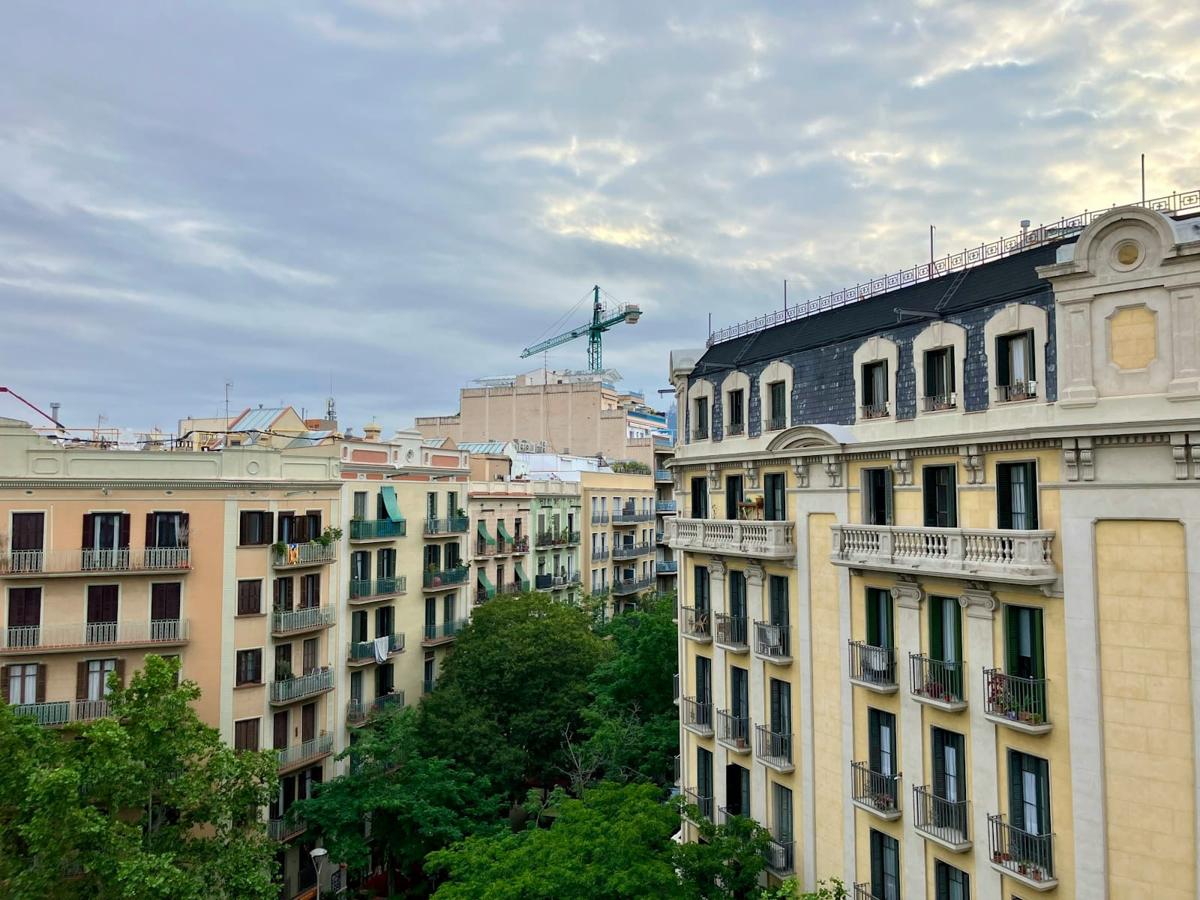 Classic Eixample apartment facades in Barcelona with wrought iron balconies above a tree lined inner street.
