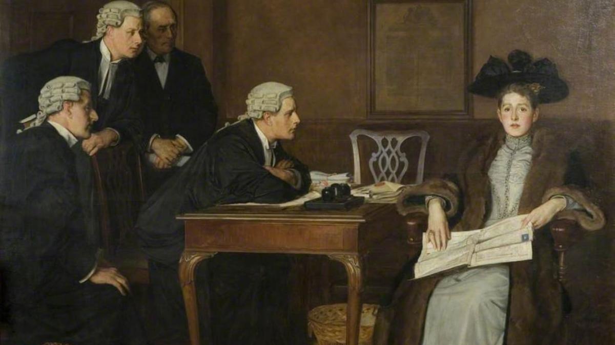 A Victorian painting of a young woman in a fur trimmed coat and black hat holding documents, facing four barristers in wigs and gowns across a courtroom desk.