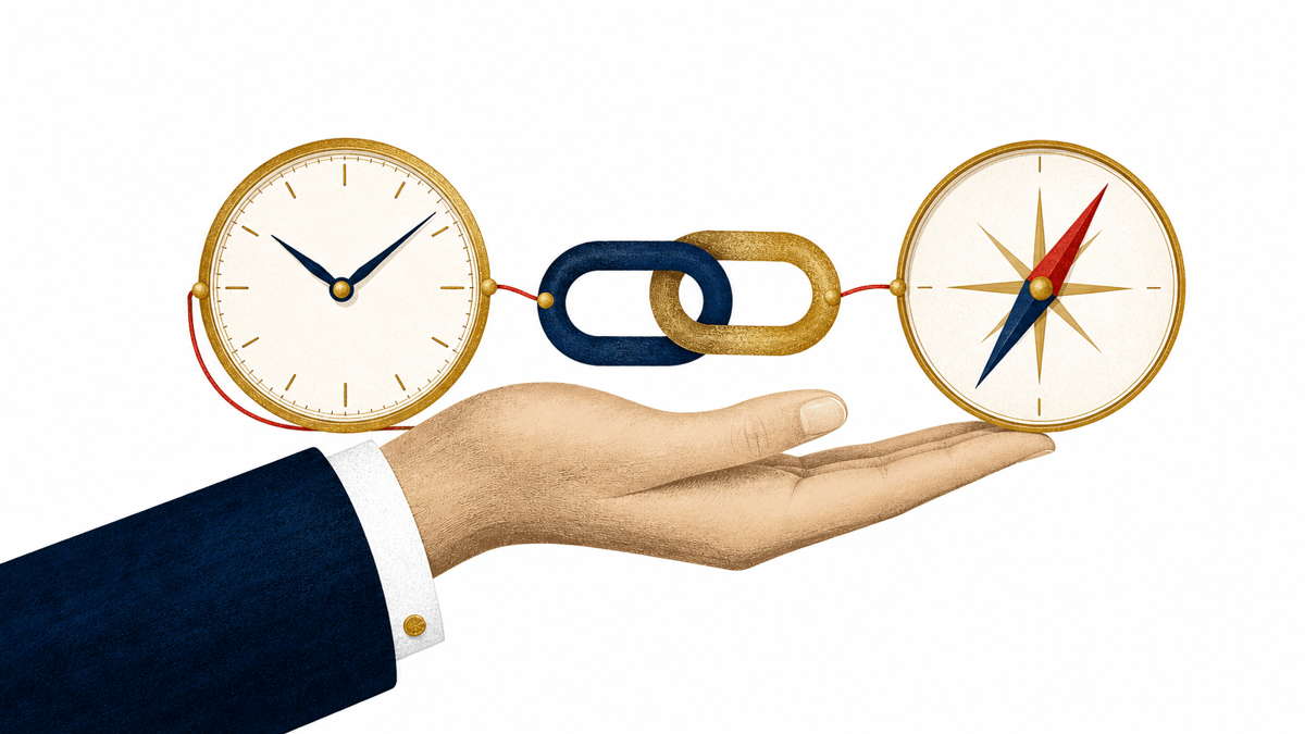 An illustrated hand holding a gold clock face and a gold compass joined by two interlocking chain links, representing time, trust and certainty.