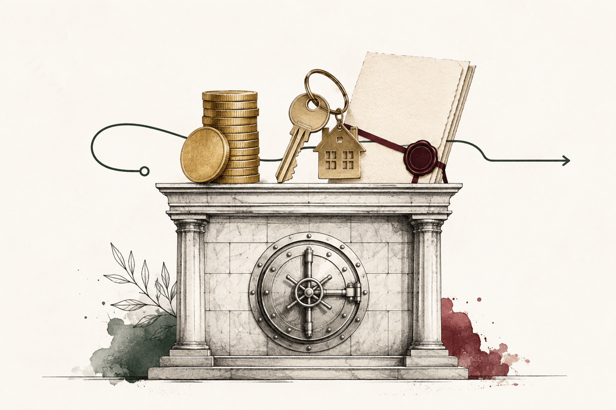 A classical bank vault supporting coins, a property key and investment documents, representing banking as the foundation of wealth preservation.