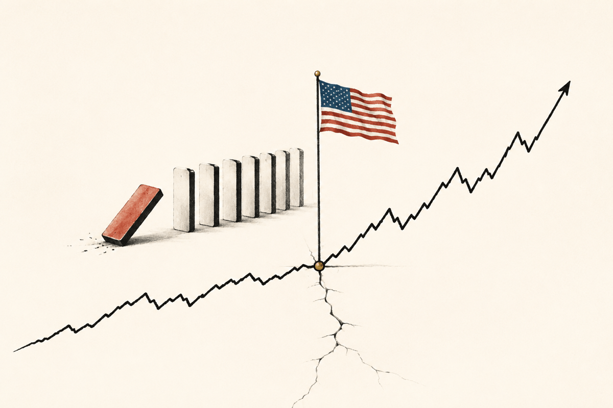 An American market chart rising above a concealed crack and falling dominoes, representing economic strength alongside recession risk.