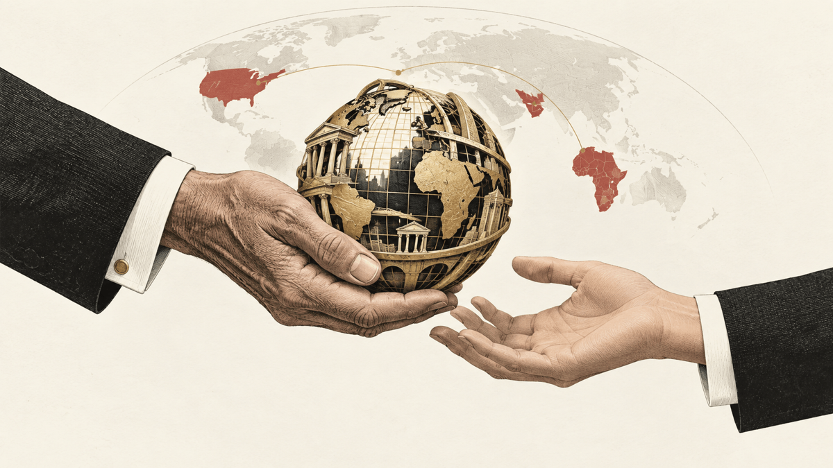 An older generation passes a globe shaped investment structure to a younger generation, illustrating cross border succession risk.