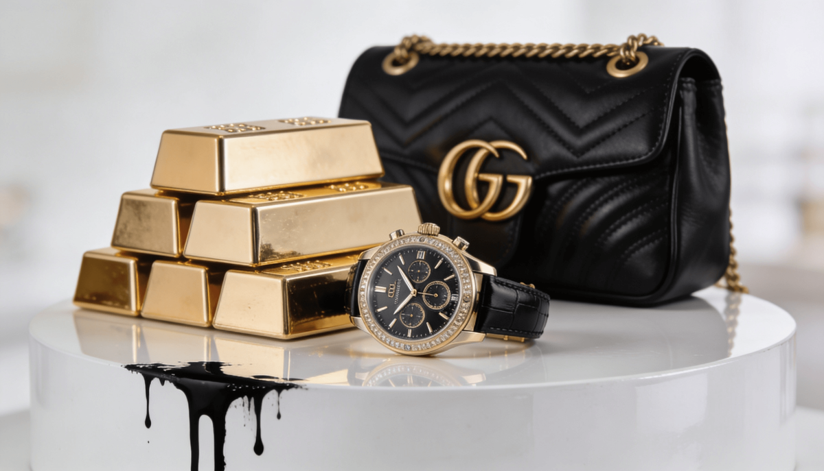A luxury wristwatch and designer accessory in studio lighting — the categorical distance that mass-aspirational luxury spent two decades industrialising out of existence.