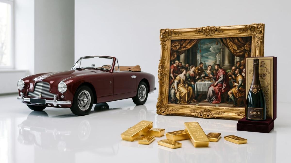 A still-life of luxury possessions: a vintage Aston Martin drophead, a gilt-framed Renaissance painting, gold bars and a bottle of Krug Champagne. The surface objects that define what luxury looks like from the outside.