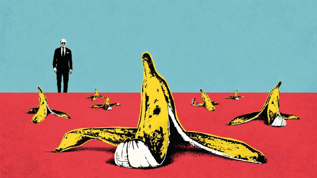 A pop art style illustration of a dark suited investor standing on a red floor scattered with giant banana peels under a pale blue sky.