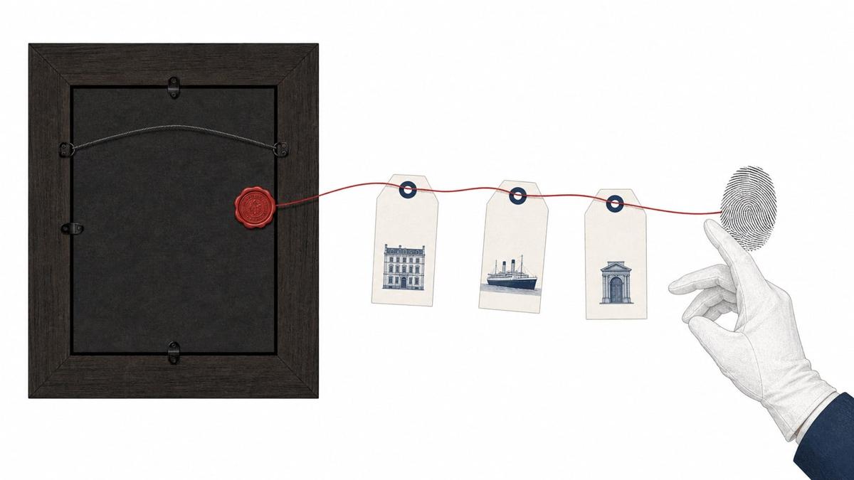 Artwork provenance traced from a collector frame through records to a fingerprint