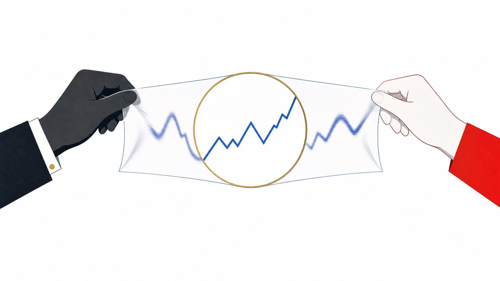 Broker and trader holding transparent market data under a magnifying lens