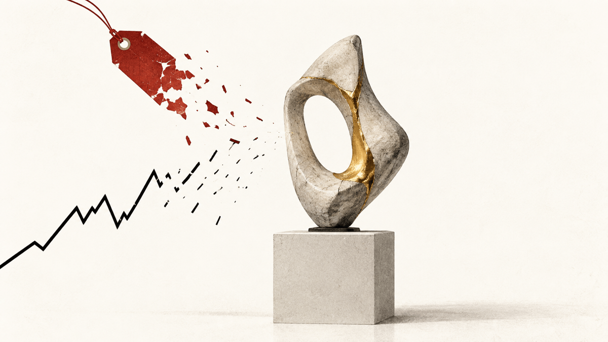 A singular sculptural object stands beyond a dissolving valuation chart and auction price tag.