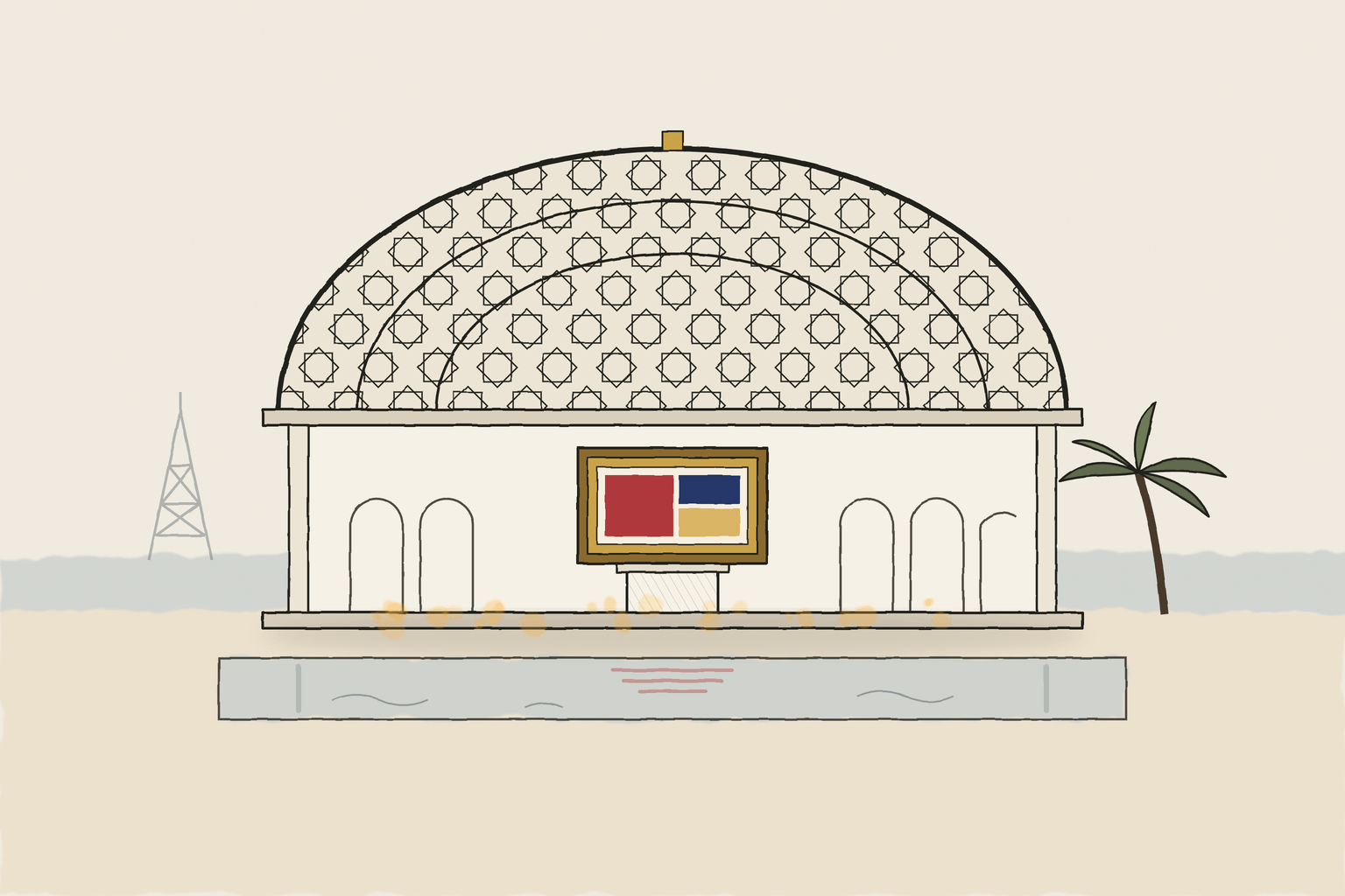 Editorial illustration of a latticed dome sheltering a framed painting on a plinth, with a fading oil derrick on the horizon behind it.