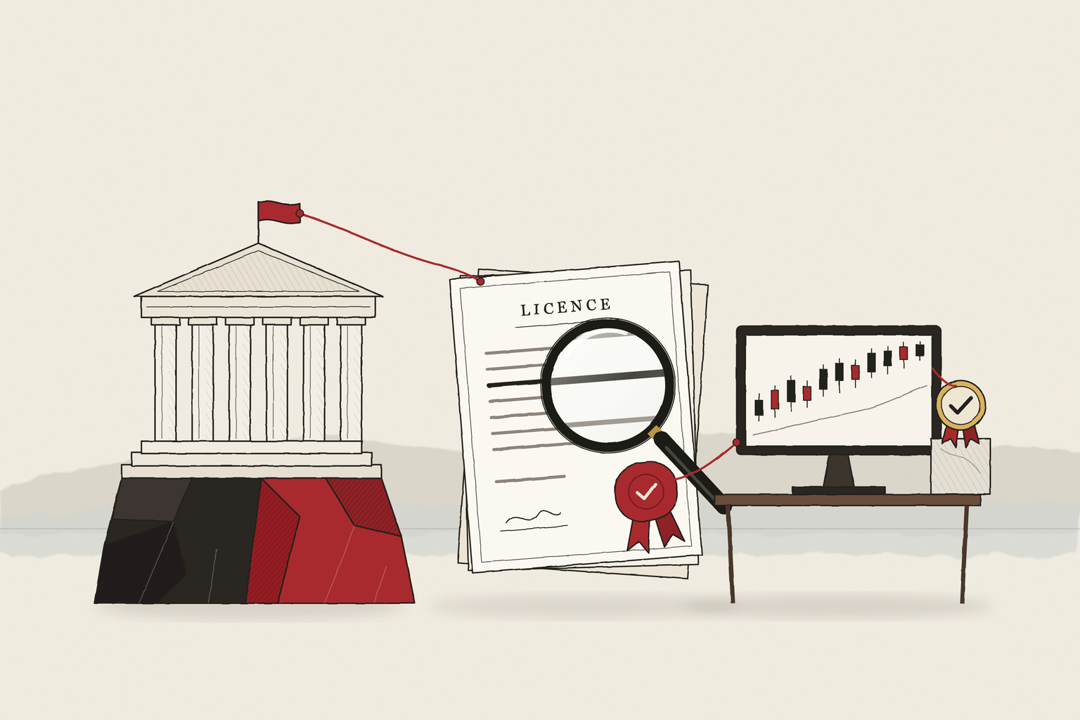 Editorial illustration of a red thread running from a regulator's building to a sealed licence under a magnifying glass, and on to a trader's screen and a tick medal.