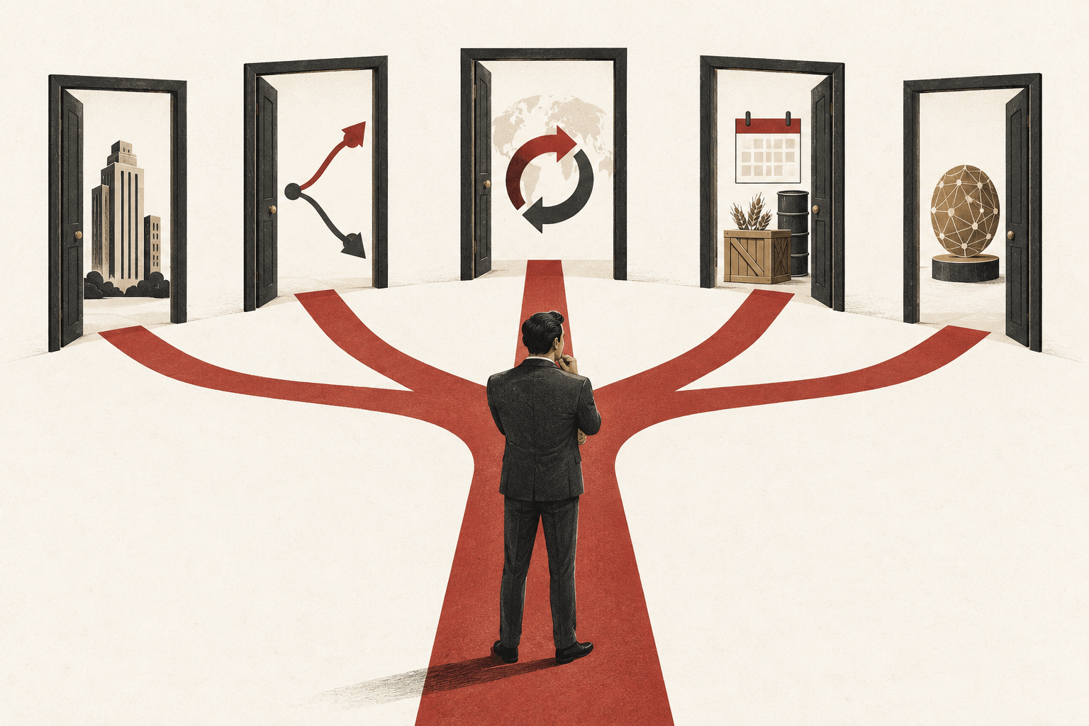 Editorial illustration comparing stocks, options, forex, futures and crypto markets.