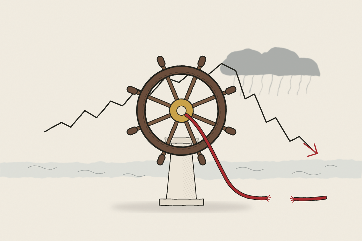Editorial illustration of a ship's wheel on a pedestal, its red cable cut and lying slack, in front of a stormy market line.