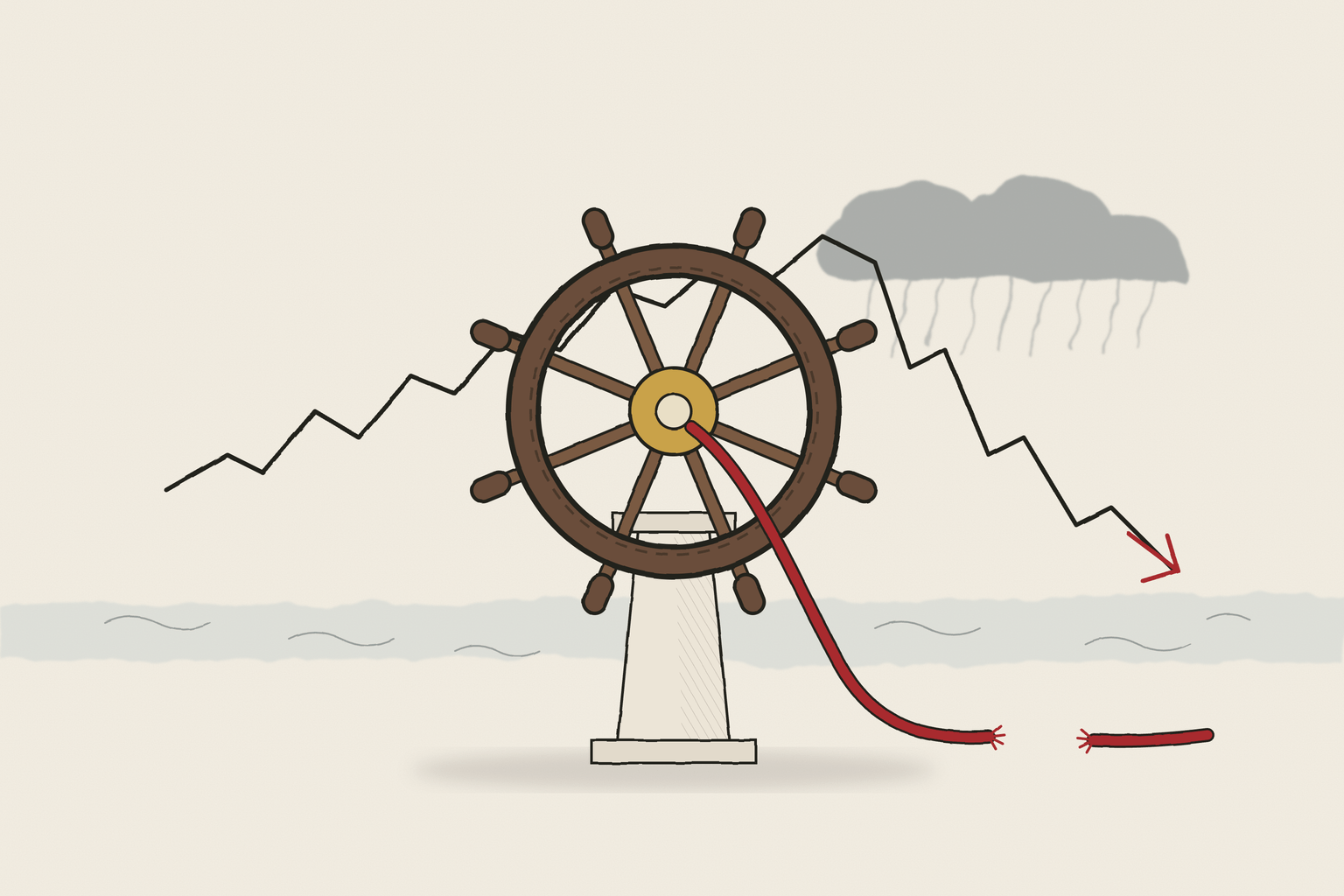 Editorial illustration of a ship's wheel on a pedestal, its red cable cut and lying slack, in front of a stormy market line.