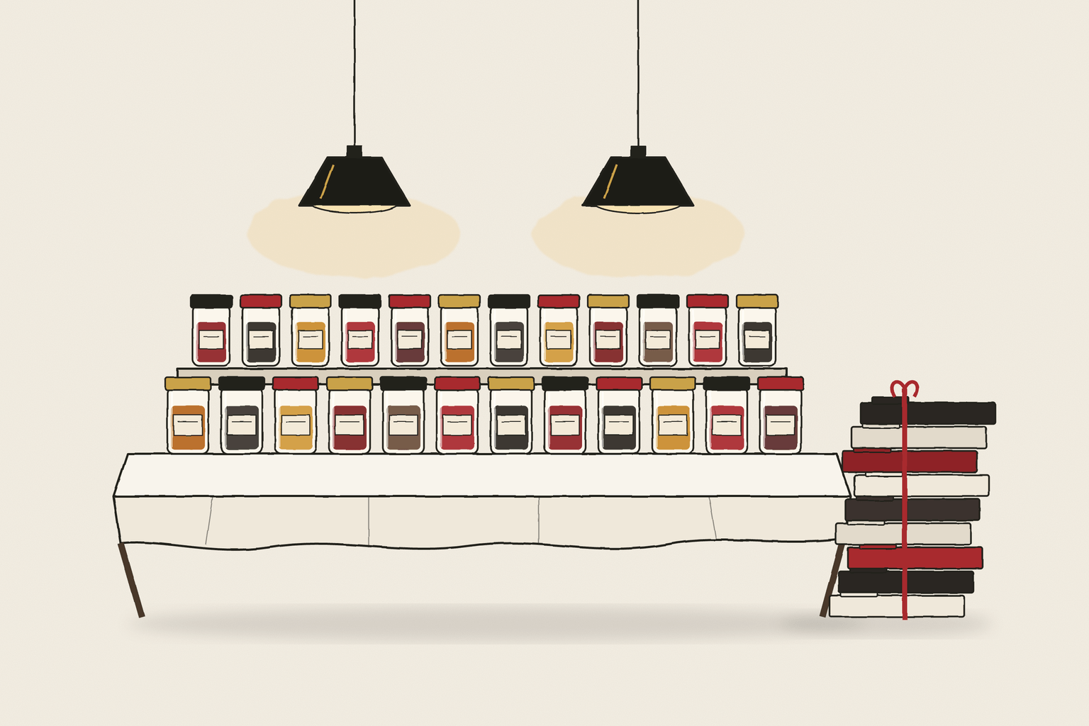 Editorial illustration of a long tasting table crowded with jars, a hand in a suit cuff hovering over them without choosing, beside a tall stack of portfolio folders.