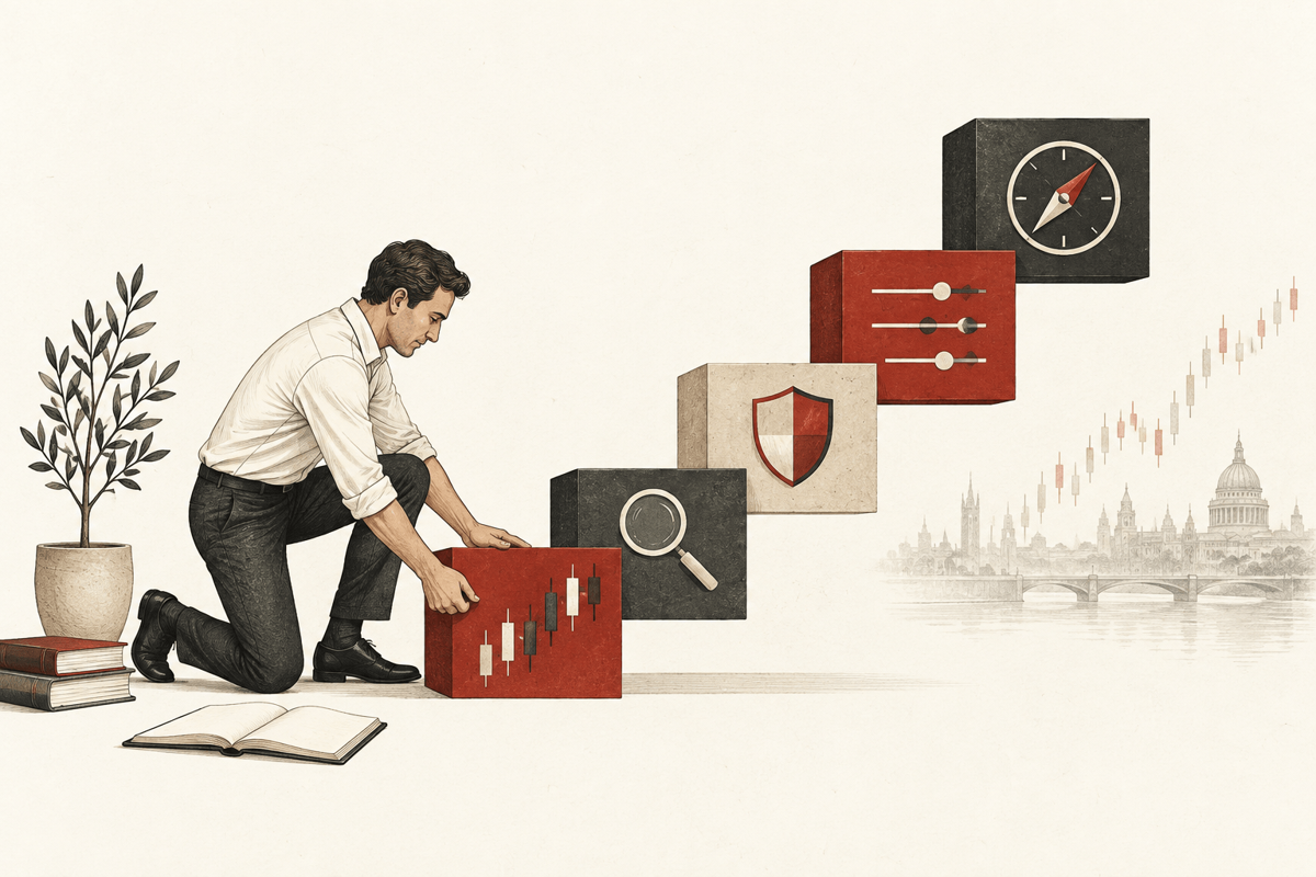 Editorial illustration showing the structured path of modern trading education.