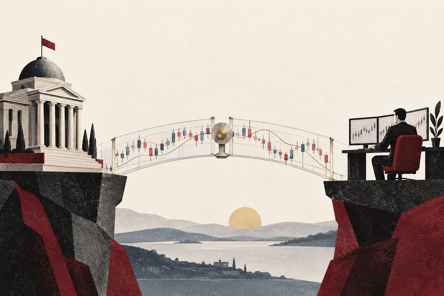 Editorial illustration showing trust connecting a regulated financial institution with a forex trader.