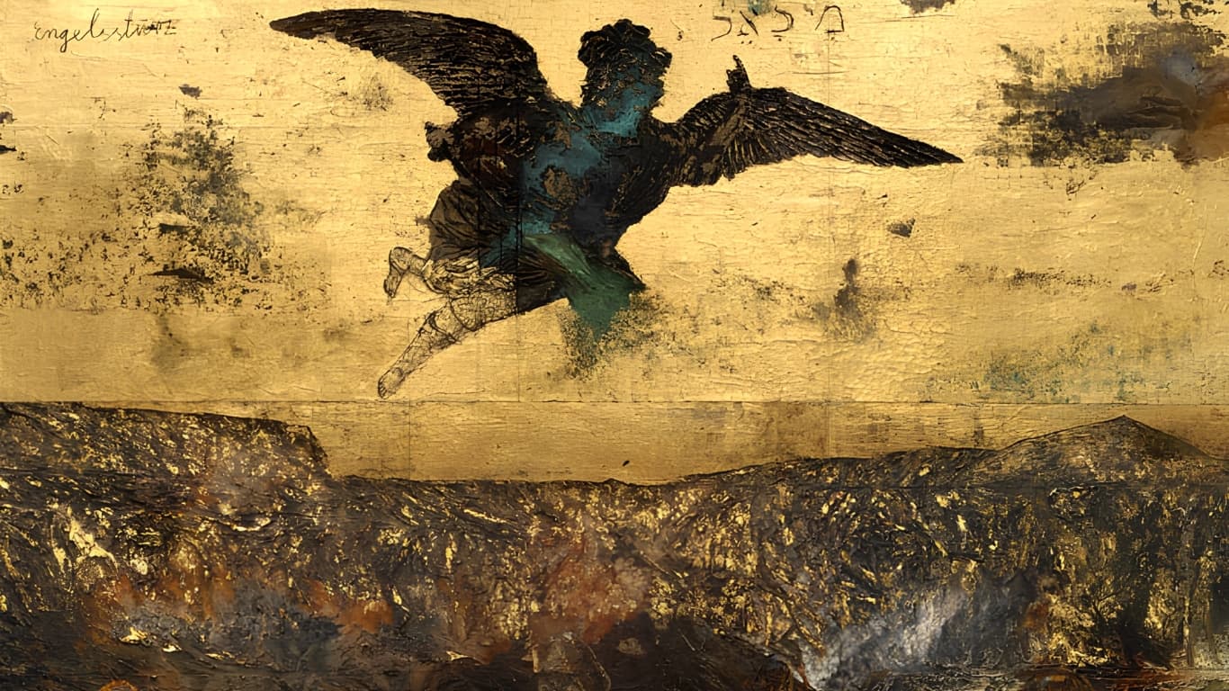 An Anselm Kiefer work in his signature gold-leaf and ash impasto, with a winged angel figure crossing a scorched horizon — the visual language of Germany's cornerstone living painter.