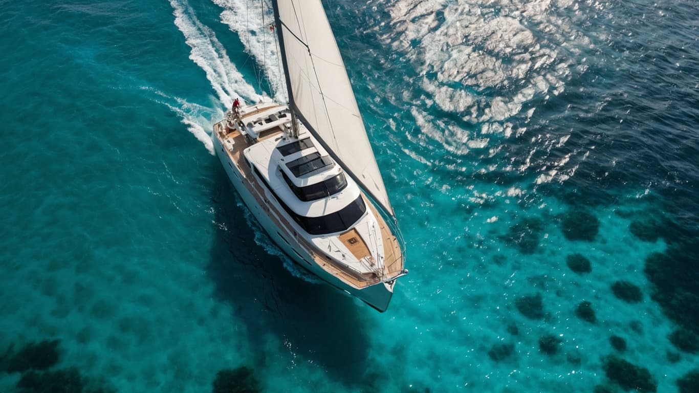 Aerial view of a luxury sailing yacht cutting through turquoise Mediterranean water — the canonical image of the global superyacht market entering its 25.7 billion dollar decade.