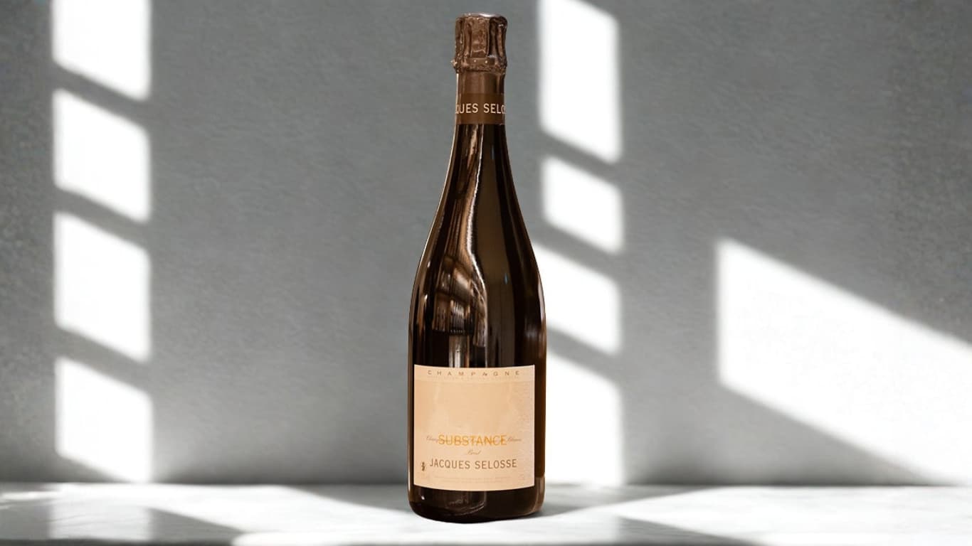 A bottle of Jacques Selosse Substance Champagne in soft window light against a marble surface — the cuvée whose solera began in 1986 and that built the grower-champagne movement.