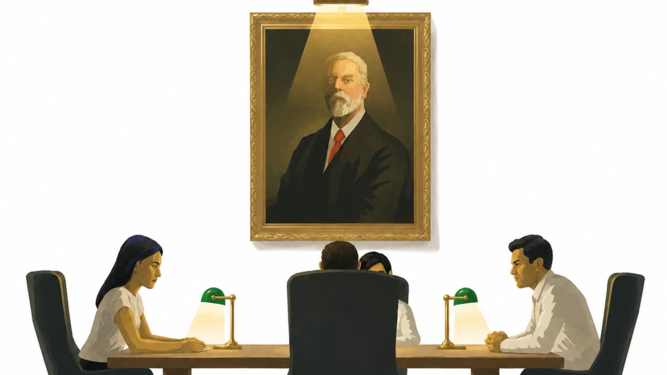 Heirs seated beneath an ancestral portrait in a panelled boardroom, the family fortune watching over the next generation that must preserve it.