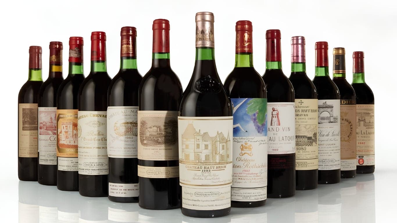 A lineup of 1982 Bordeaux first growths, including Haut-Brion, Mouton Rothschild and Latour.