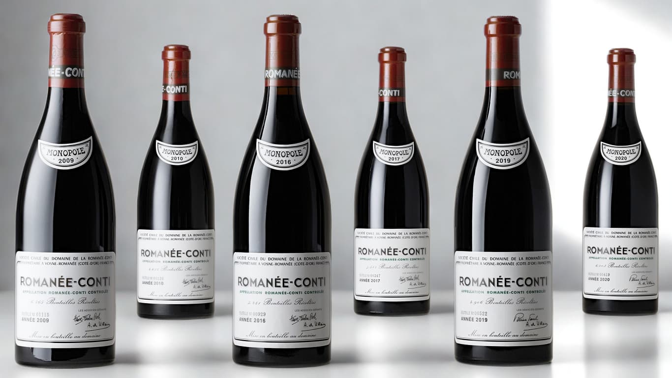 Six vintages of Domaine de la Romanee-Conti grand cru lined up, each with the Monopole capsule and a year from 2009 to 2020.