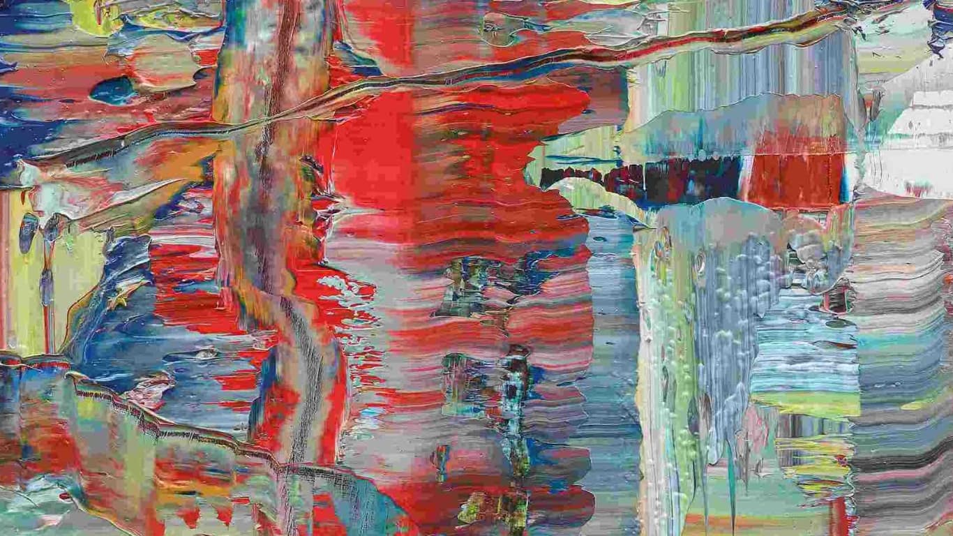 A Gerhard Richter squeegee abstraction in red, blue, green and grey, the paint dragged into broad horizontal striations across the canvas.