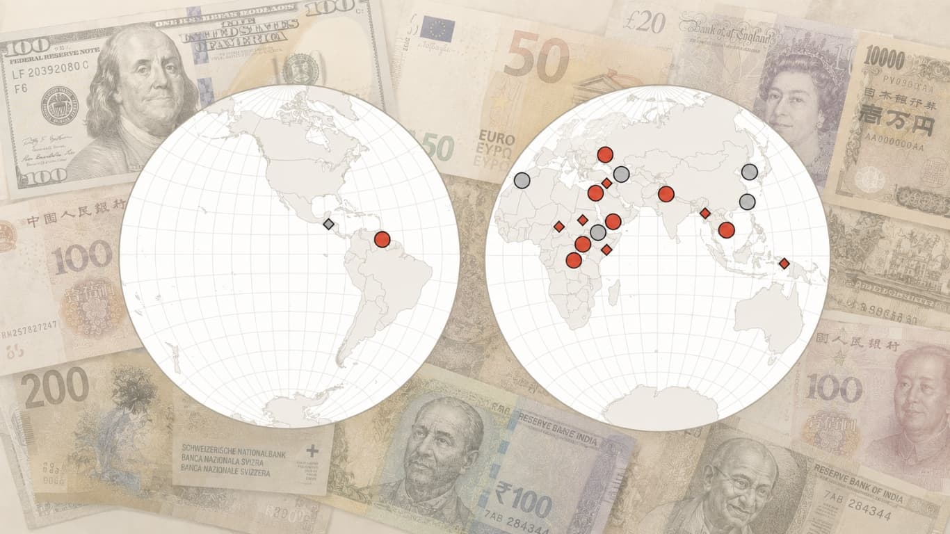 Two globes showing world maps marked with red and grey risk points, set over a collage of US dollar, euro, pound, yen, yuan and rupee banknotes.