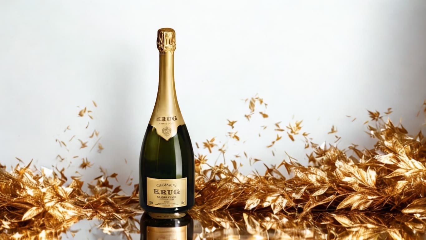 A bottle of Krug Grande Cuvee Brut Champagne with gold foil and label, standing against a pale background scattered with gilded leaves.