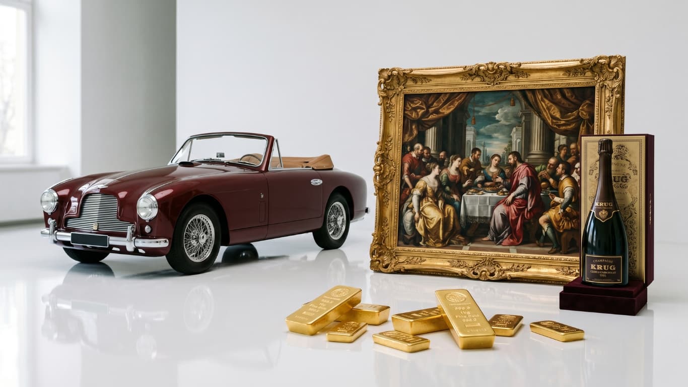 A still-life of luxury possessions: a vintage Aston Martin drophead, a gilt-framed Renaissance painting, gold bars and a bottle of Krug Champagne. The surface objects that define what luxury looks like from the outside.