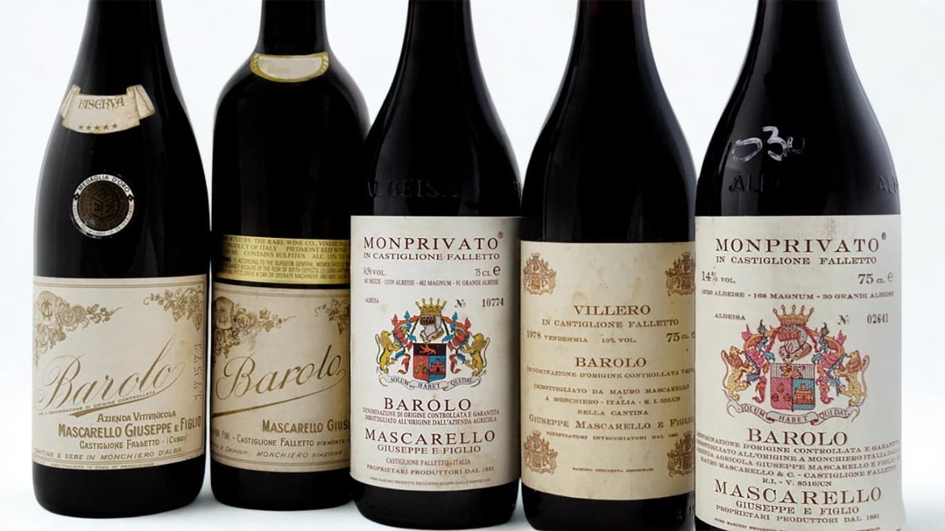 A row of Barolo bottles from Mascarello Giuseppe e Figlio, including the Monprivato and Villero crus.