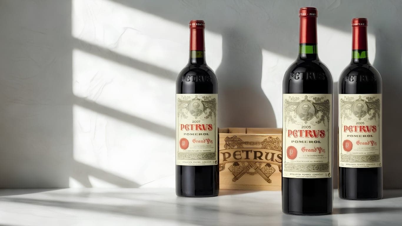 Three bottles of Chateau Petrus with the estate wooden case, lit by window light on a marble surface.