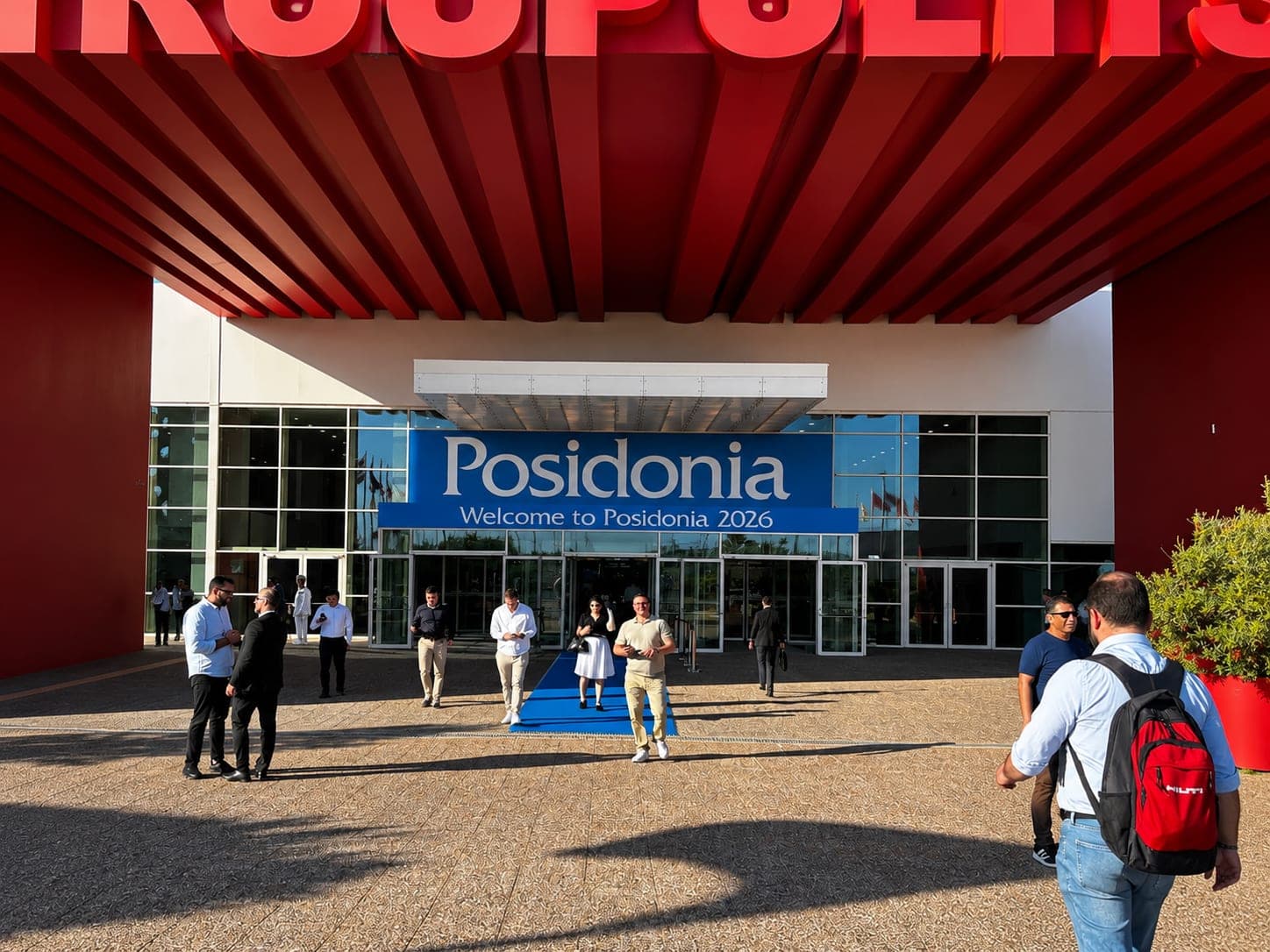 Welcome banner at the entrance to Posidonia 2026, the global shipping expo held at the Metropolitan Expo Centre in Athens.