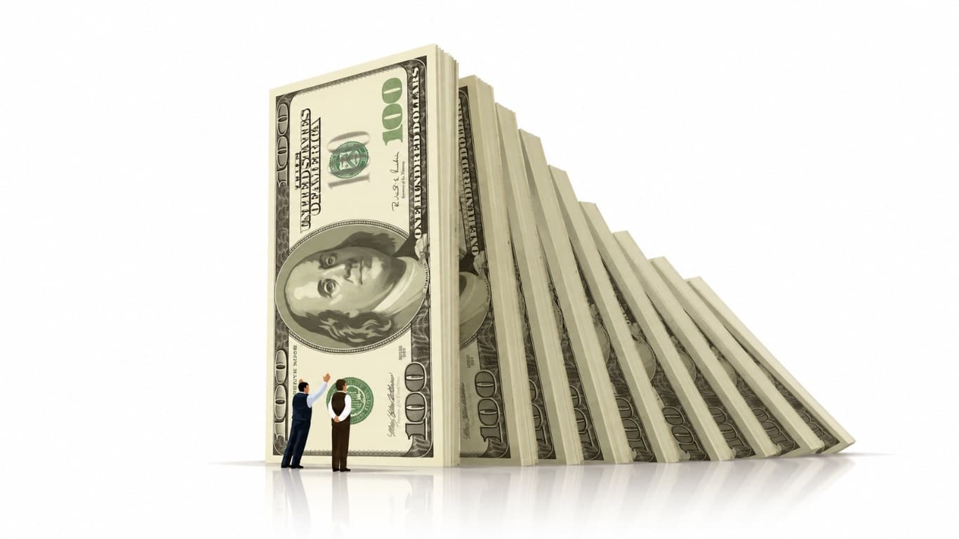 A hundred dollar bill holding up a line of toppling banknote dominoes, an image of judgment, risk and value in investing.
