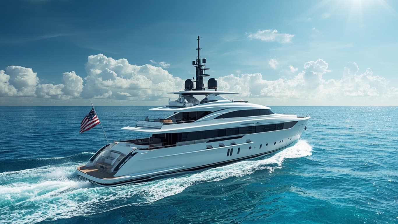 A white superyacht cruising open blue water under a bright sky, flying a United States flag.