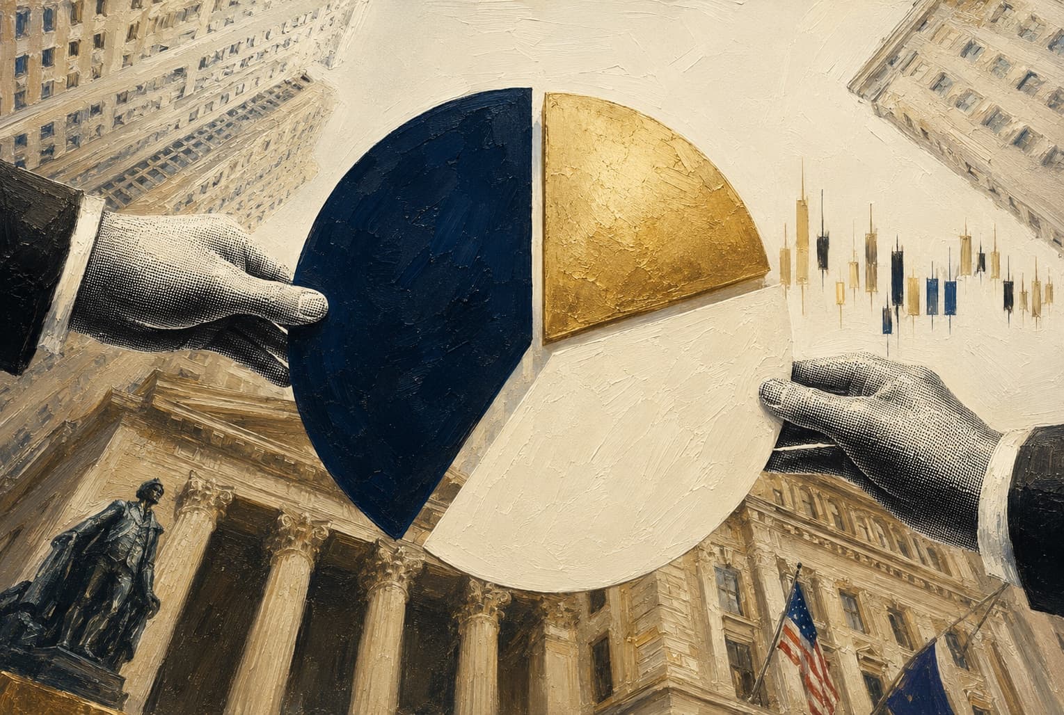An oil painting of two hands assembling a pie chart in navy, gold and cream in front of a neoclassical stock exchange facade.