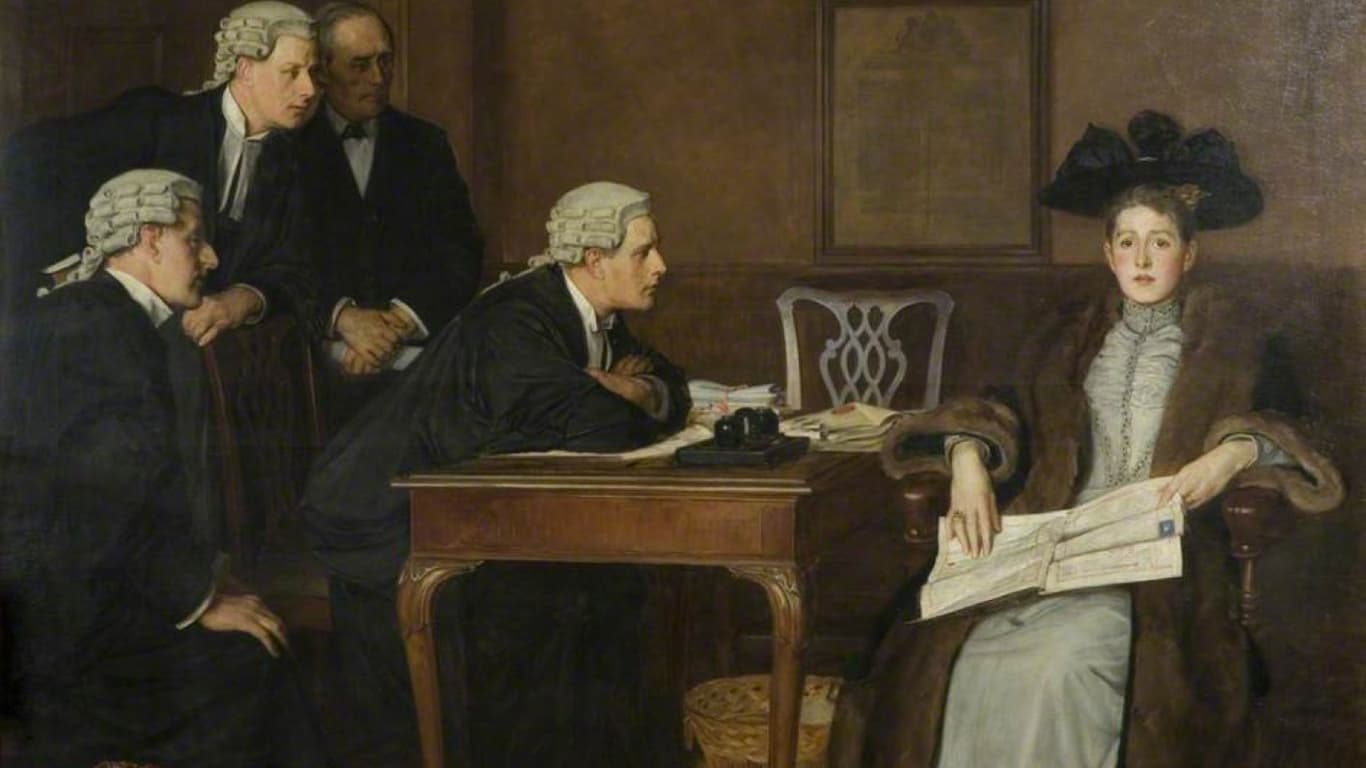 A Victorian painting of a young woman in a fur trimmed coat and black hat holding documents, facing four barristers in wigs and gowns across a courtroom desk.