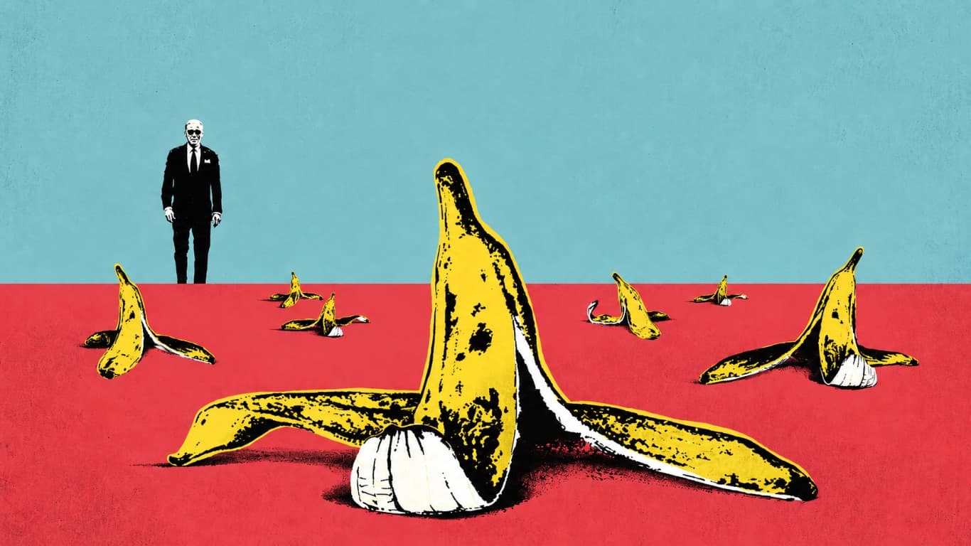 A pop art style illustration of a dark suited investor standing on a red floor scattered with giant banana peels under a pale blue sky.