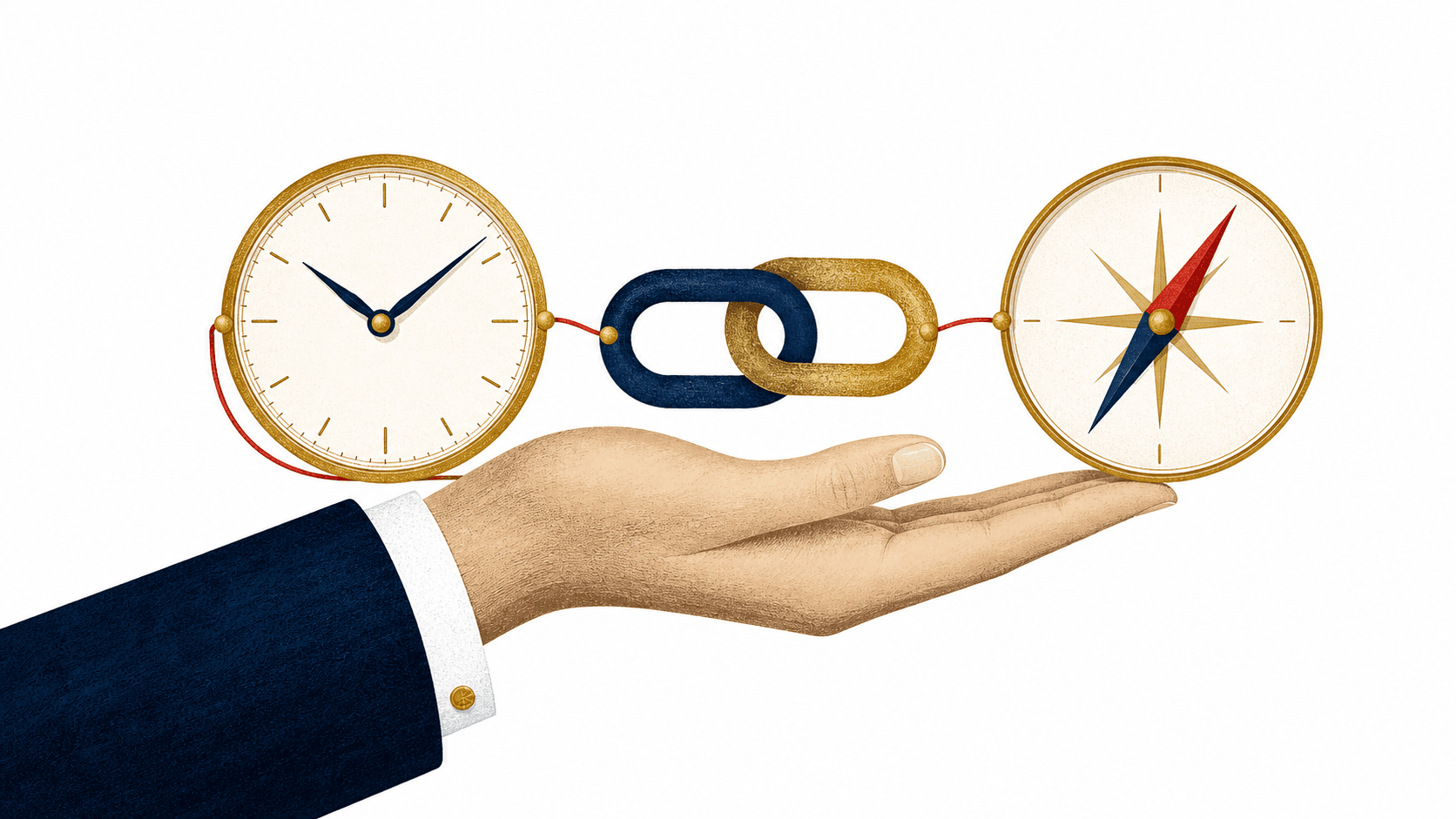 An illustrated hand holding a gold clock face and a gold compass joined by two interlocking chain links, representing time, trust and certainty.