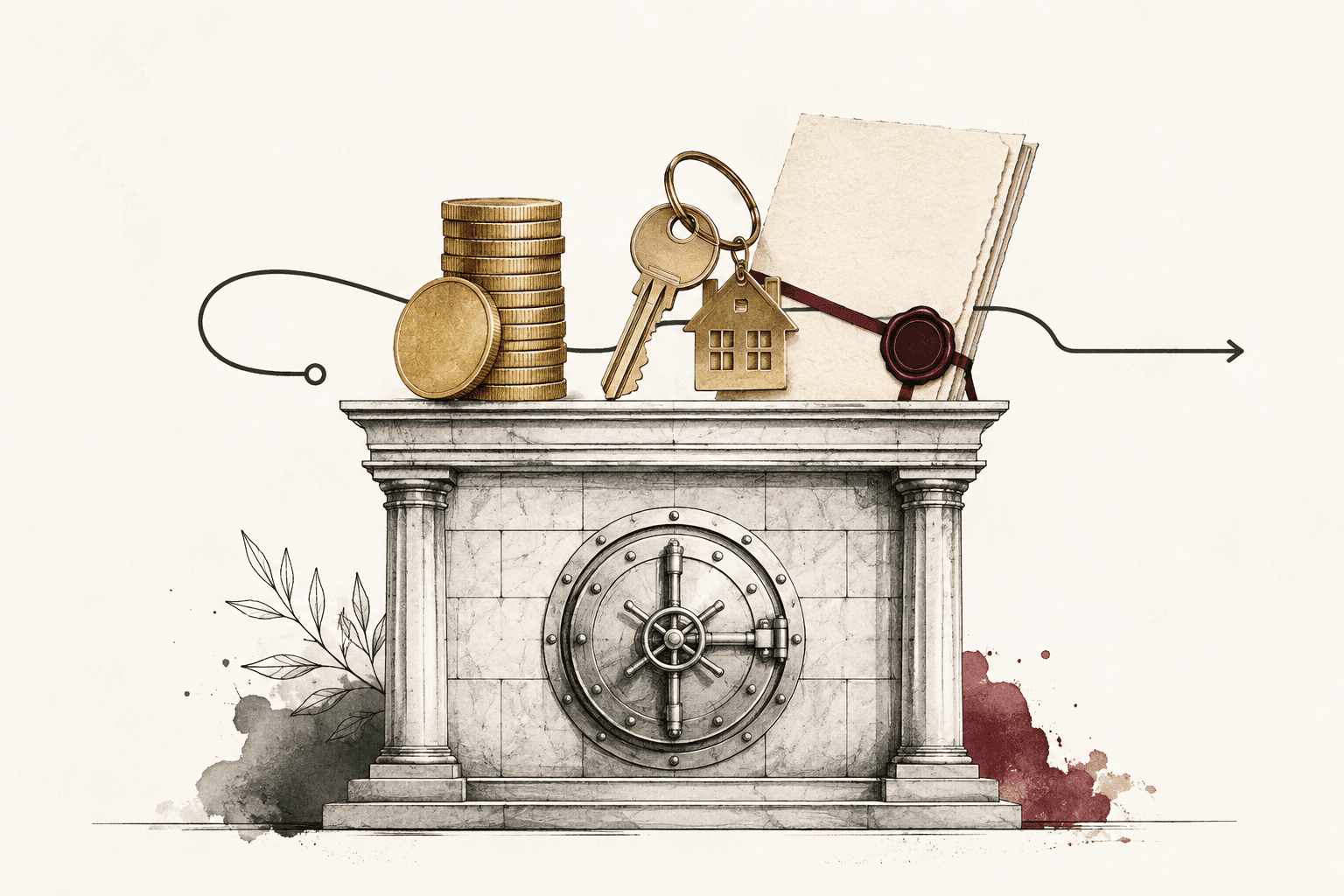 A classical bank vault supporting coins, a property key and investment documents, representing banking as the foundation of wealth preservation.