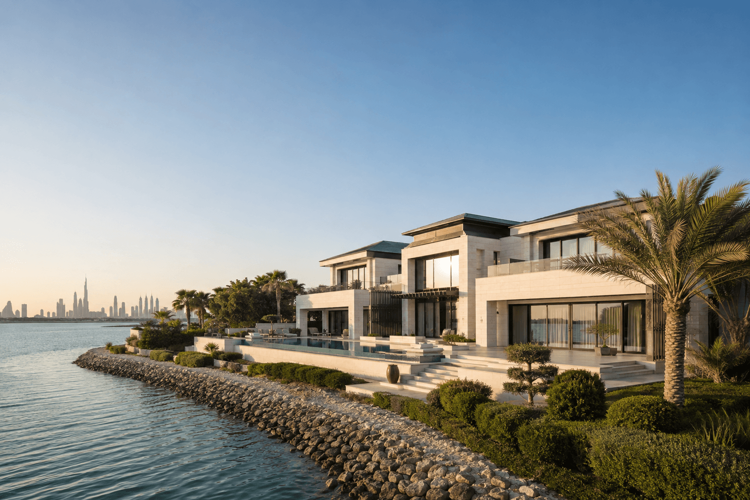 A contemporary waterfront villa in Dubai with the city skyline in the distance, illustrating scarcity in the prime villa market.