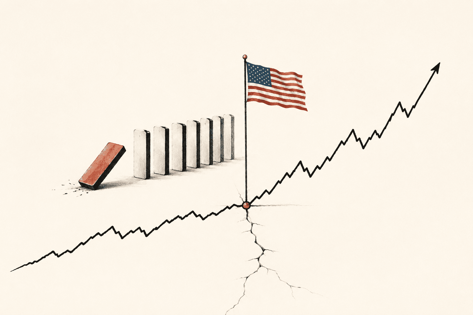 An American market chart rising above a concealed crack and falling dominoes, representing economic strength alongside recession risk.