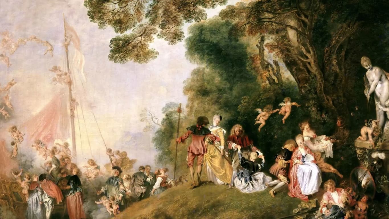 An eighteenth-century pastoral painting in the Watteau tradition — the canonical art history scene at the moment institutional collectors are reshaping how such works are held on the balance sheet.