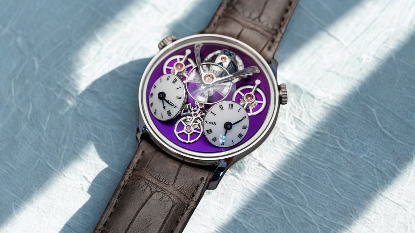 The MB&F Legacy Machine LMX, an independent haute horlogerie watch with twin dials and a central flying balance.