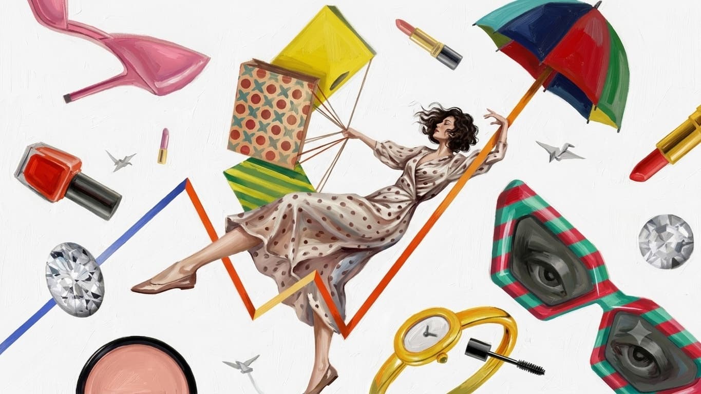 A painted collage of luxury signals, a woman with shopping bags balancing on a rising line among heels, jewels, sunglasses and a gold watch.